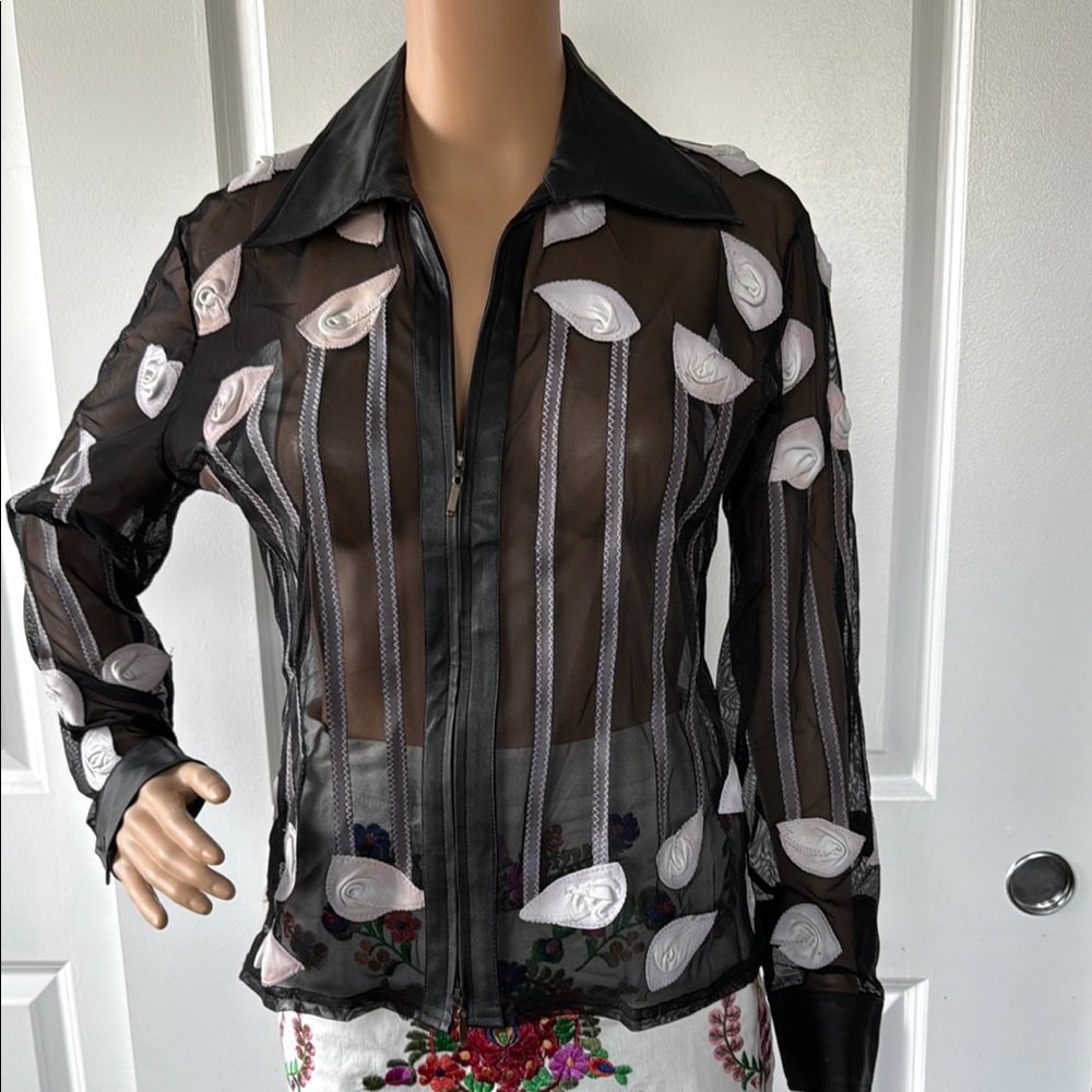 90s Exetera sheer zip up black and white floral jacket shirt 4 S